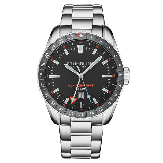 Stuhrling Original Voyager GMT 4017 Men's Quartz GMT Watch, 42mm, Black Dial, Light Blue Bezel
