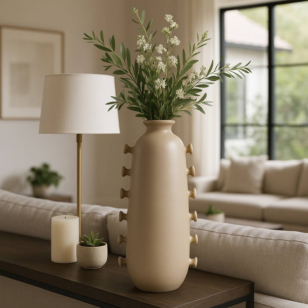 Decorative Vase - Tan Ceramic with Side Detailing, 22 in.