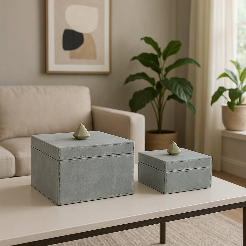 Decorative Box Set of 2 - Blue Suede with Stone Knob 7/9 in