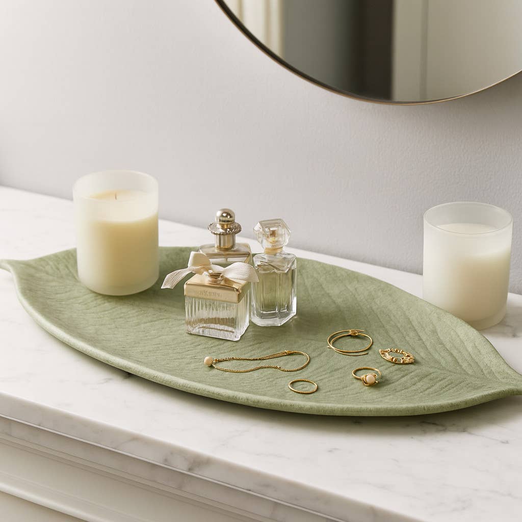 Decorative Tray - Green Quartz Resin Leaf Shape, 20 in.