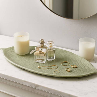 Decorative Tray - Green Quartz Resin Leaf Shape, 20 in.