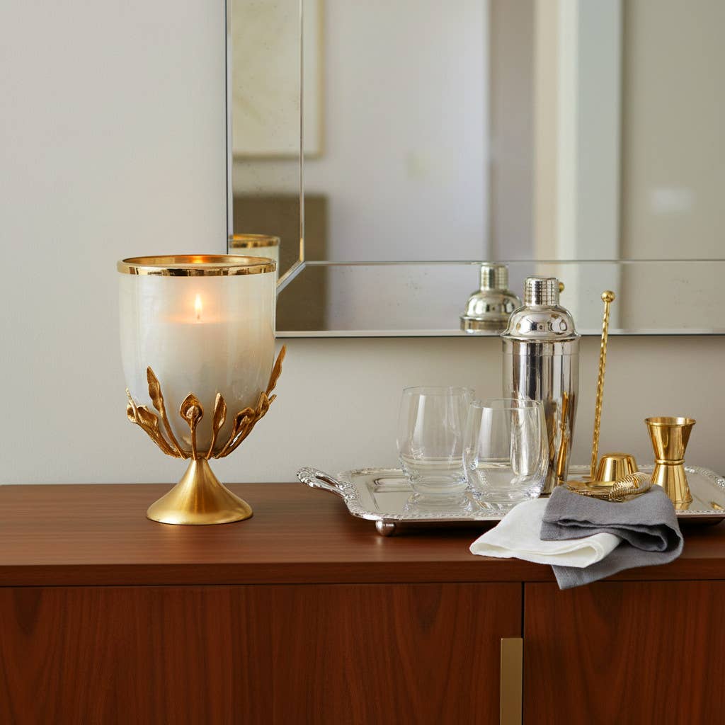 Candle Holder - Gold Glass Metal Frame Hurricane, 15 in.