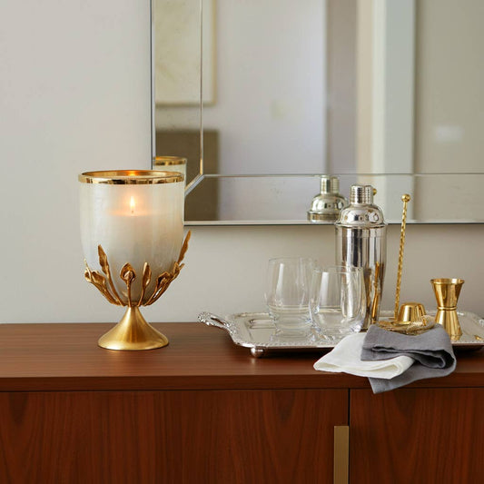 Candle Holder - Gold Glass Metal Frame Hurricane, 15 in.