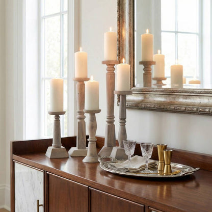 Candle Holders Set of 5 - Light Brown Mango Wood, 10-22 in.