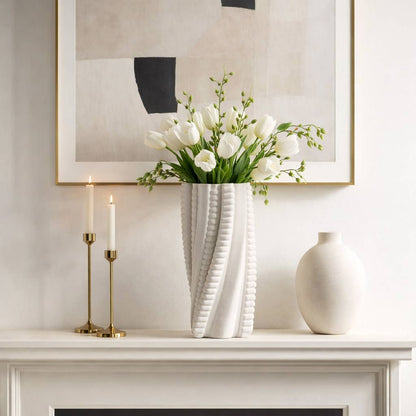 Decorative Vase - Ivory Porcelain Twisted 3D Printed, 13 in.