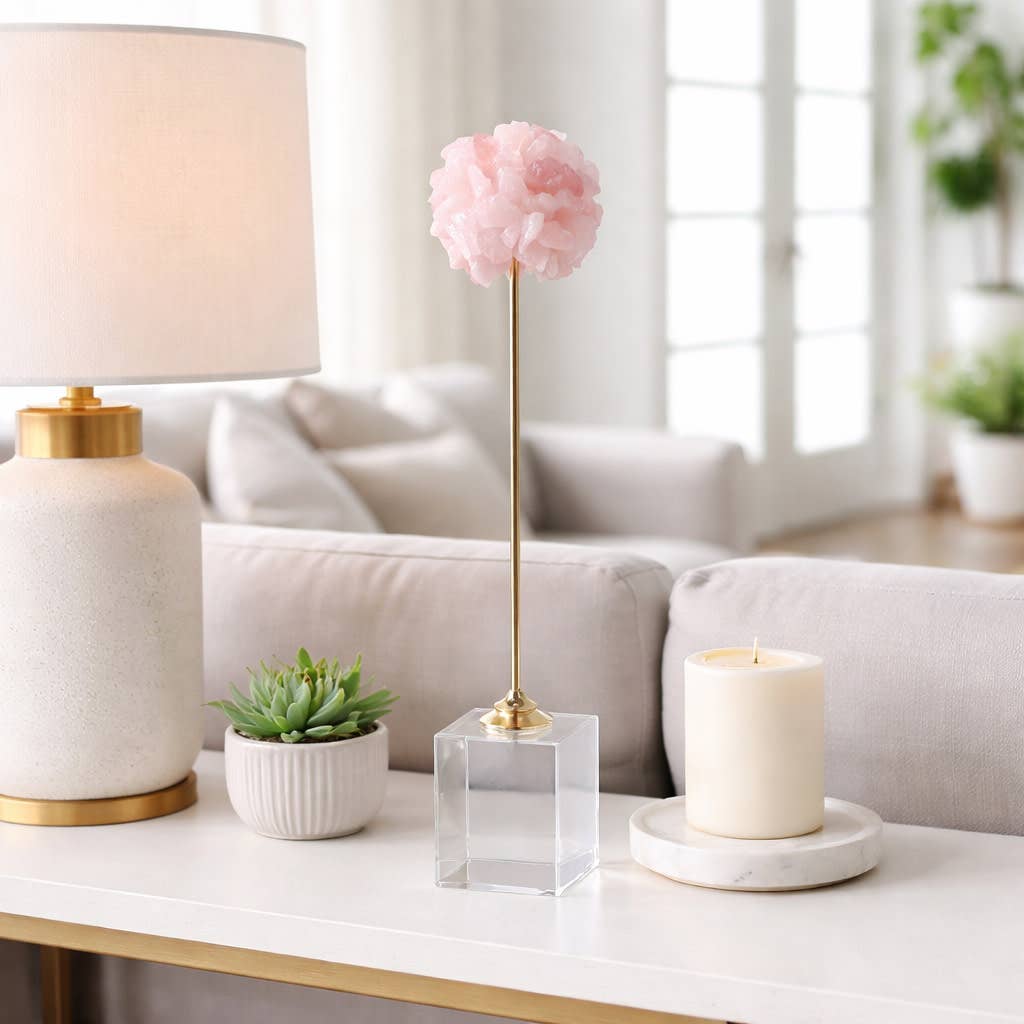 Sculpture - Pink Metal Marble Orb with Cubic Base, 18 in.