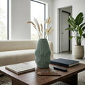Decorative Vase - Green Ceramic Large Tall Ribbed 3D, 12 in.