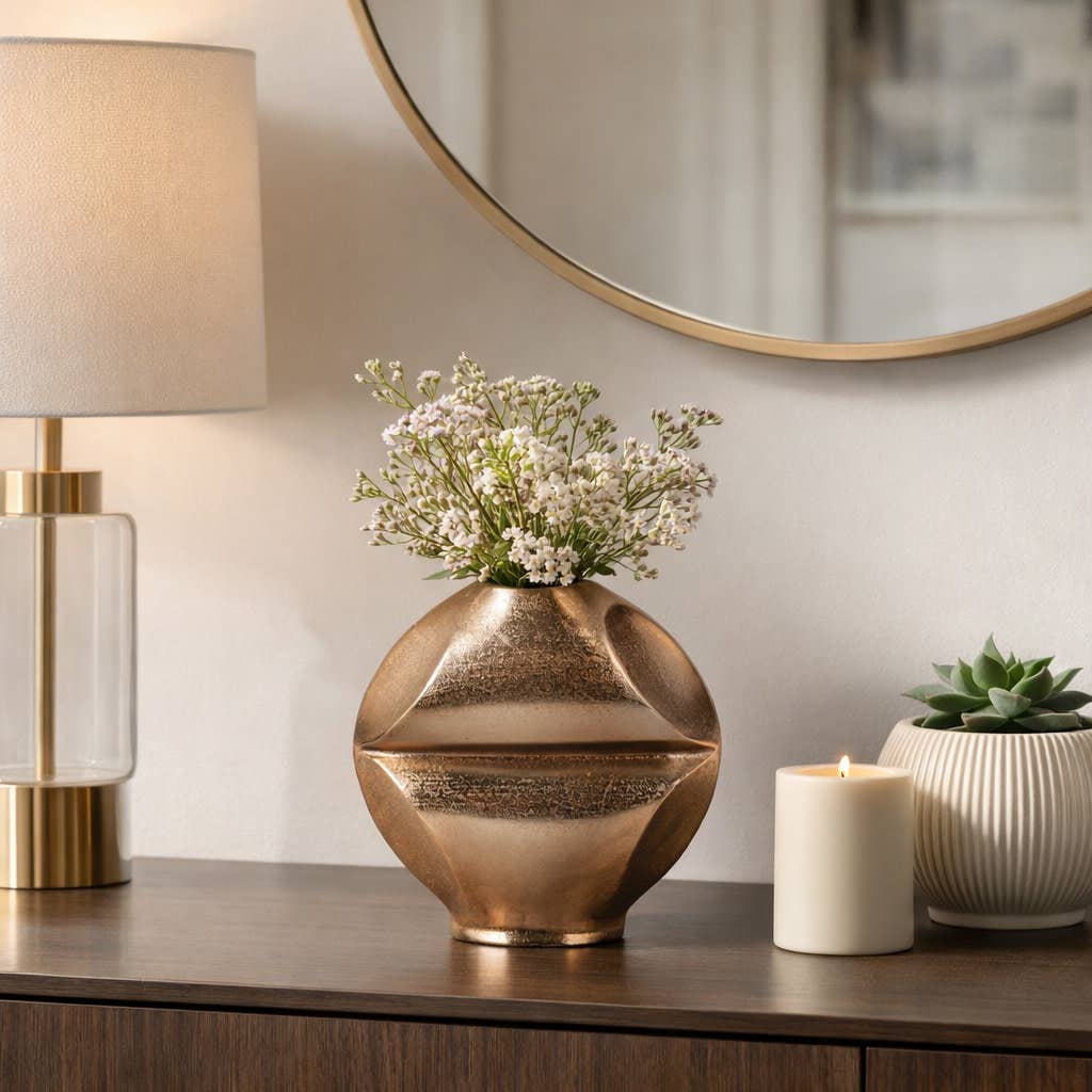 Decorative Vase - Champagne Metal Slit Design, 9 in.