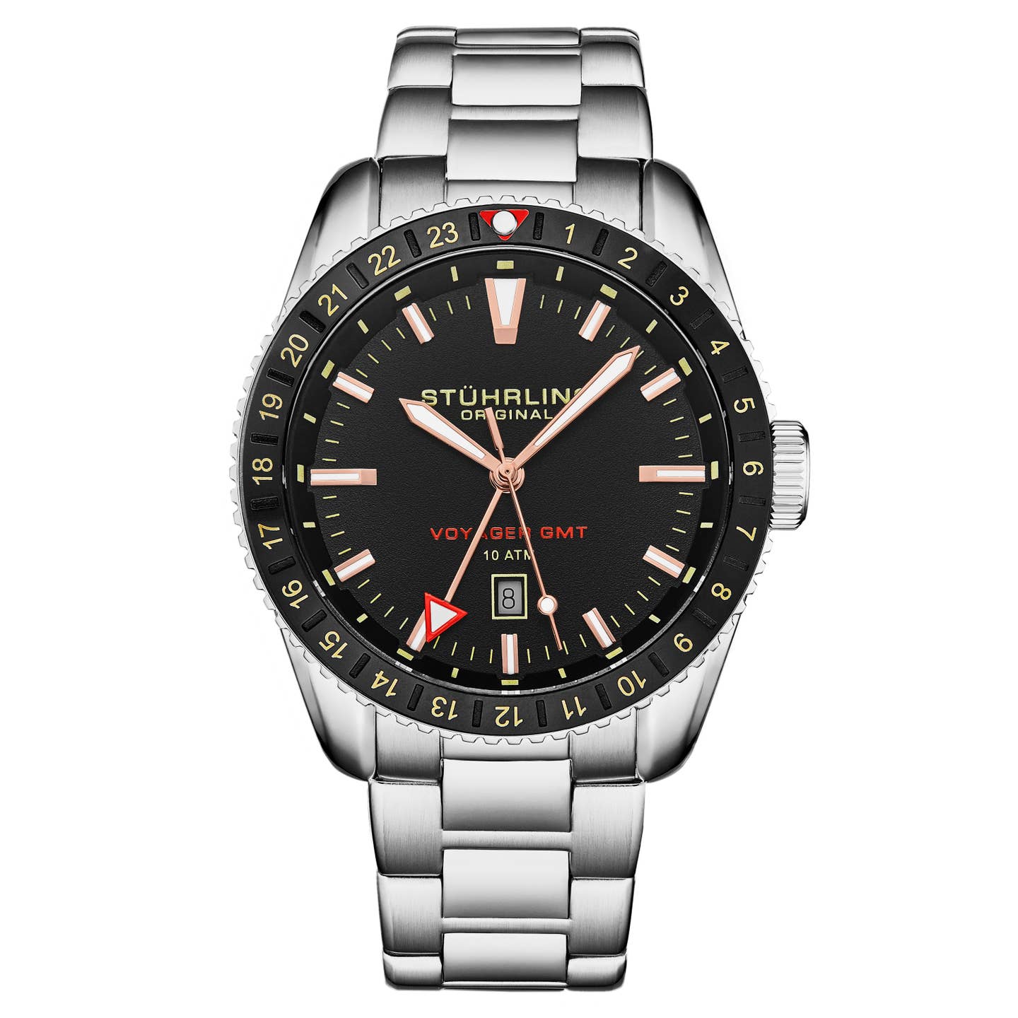Stuhrling Original Voyager GMT 4017 Men's Quartz GMT Watch, 42mm, Black Dial, Silver-Tone Brushed And Polished Link Bracelet