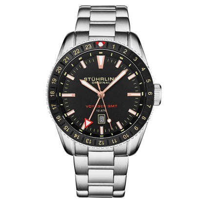 Stuhrling Original Voyager GMT 4017 Men's Quartz GMT Watch, 42mm, Black Dial, Silver-Tone Brushed And Polished Link Bracelet