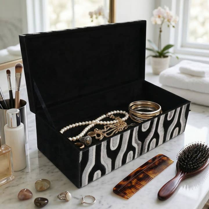 Decorative Box - Gray/Black Wood Rectangular with Lid, 16 in