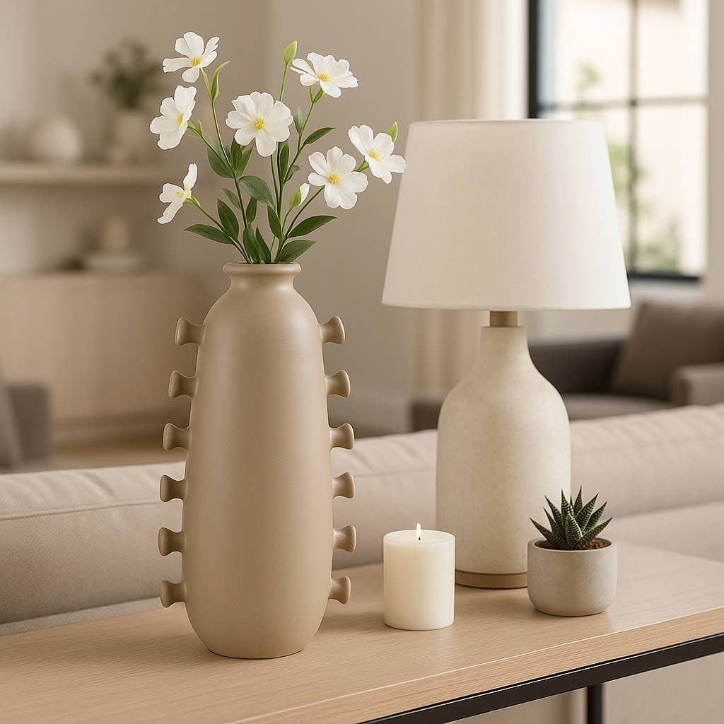Decorative Vase - Tan Ceramic with Side Detailing, 15 in.