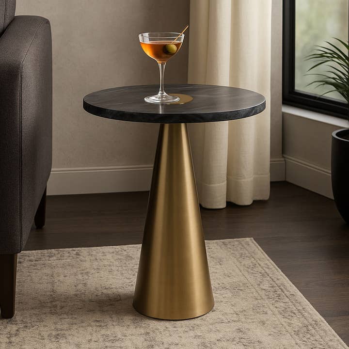 Side Table - Gray Marble Top with Cone-Shaped Base, 22 in.