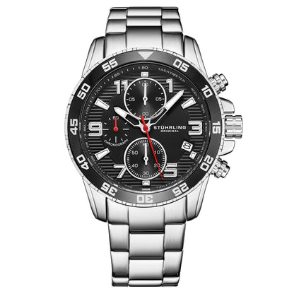 Stuhrling Original Concorso Men's Quartz Chronograph Watch, 40mm, Black Dial, Silver-Tone Brushed And Polished Link Bracelet