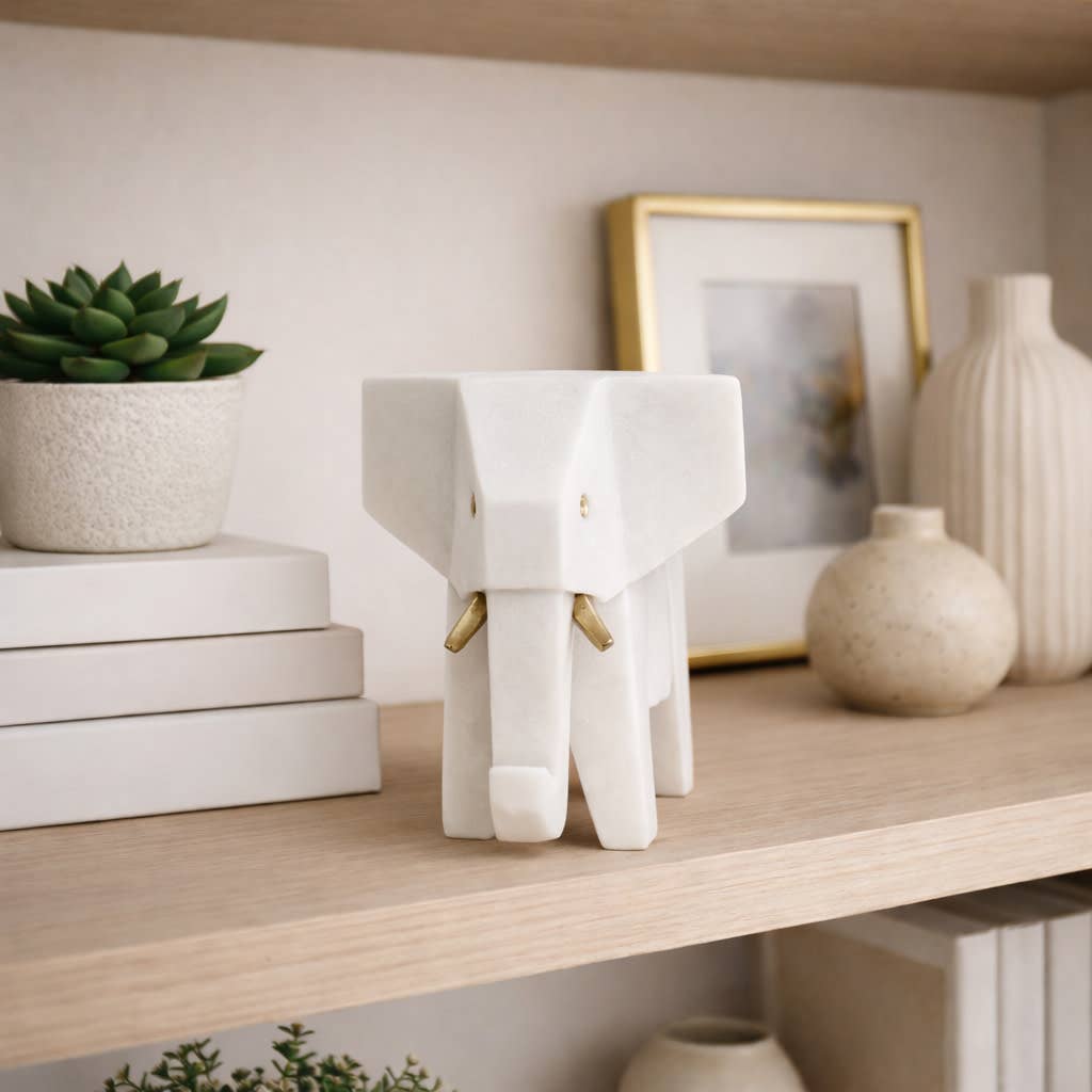 Figurine - White Resin Geometric Elephant Shape, 11 in.