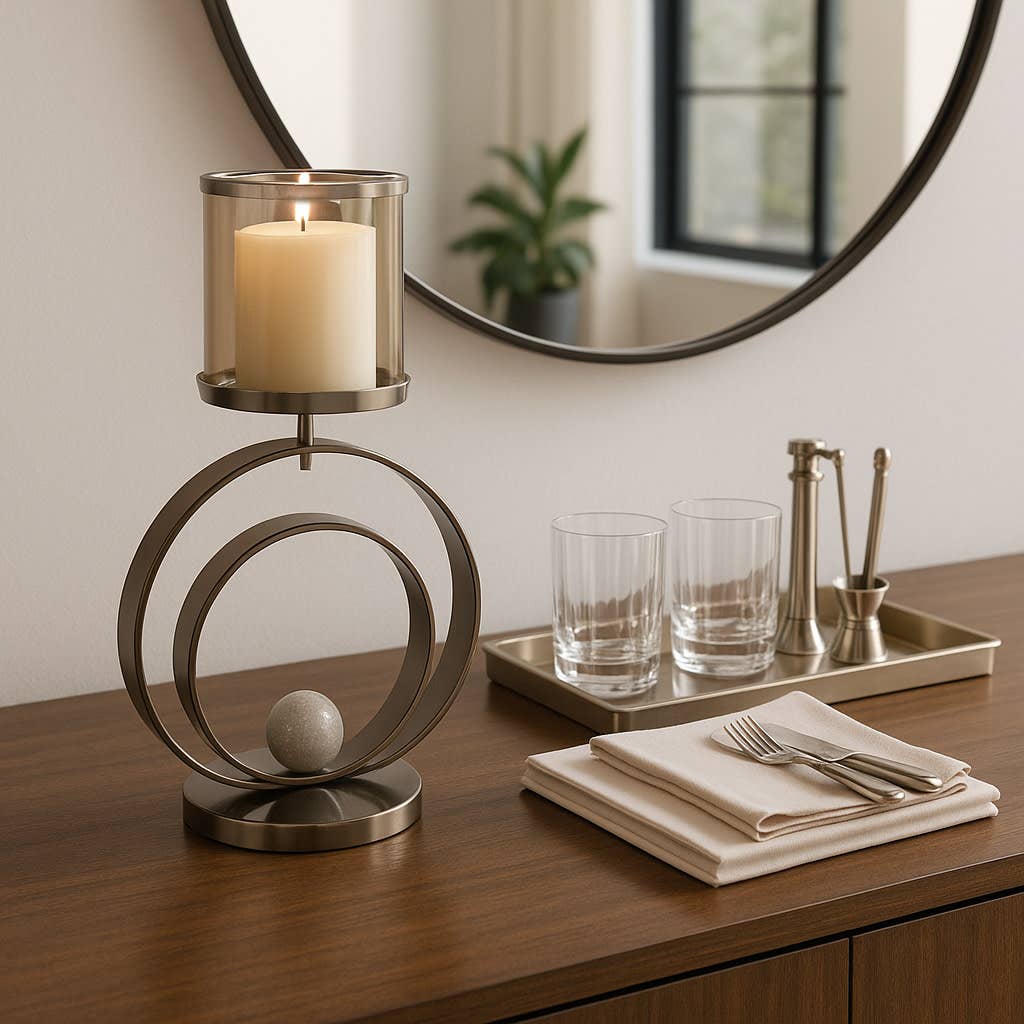 Candle Holder - Bronze Metal Small Sphere Hurricane, 26 in.