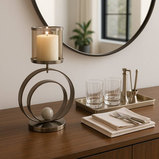 Candle Holder - Bronze Metal Small Sphere Hurricane, 26 in.