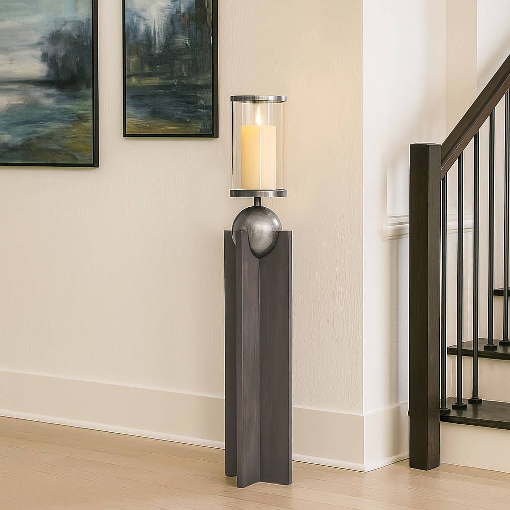 Candle Holder - Gray Wood Pillar with Metal Sphere, 42 in.