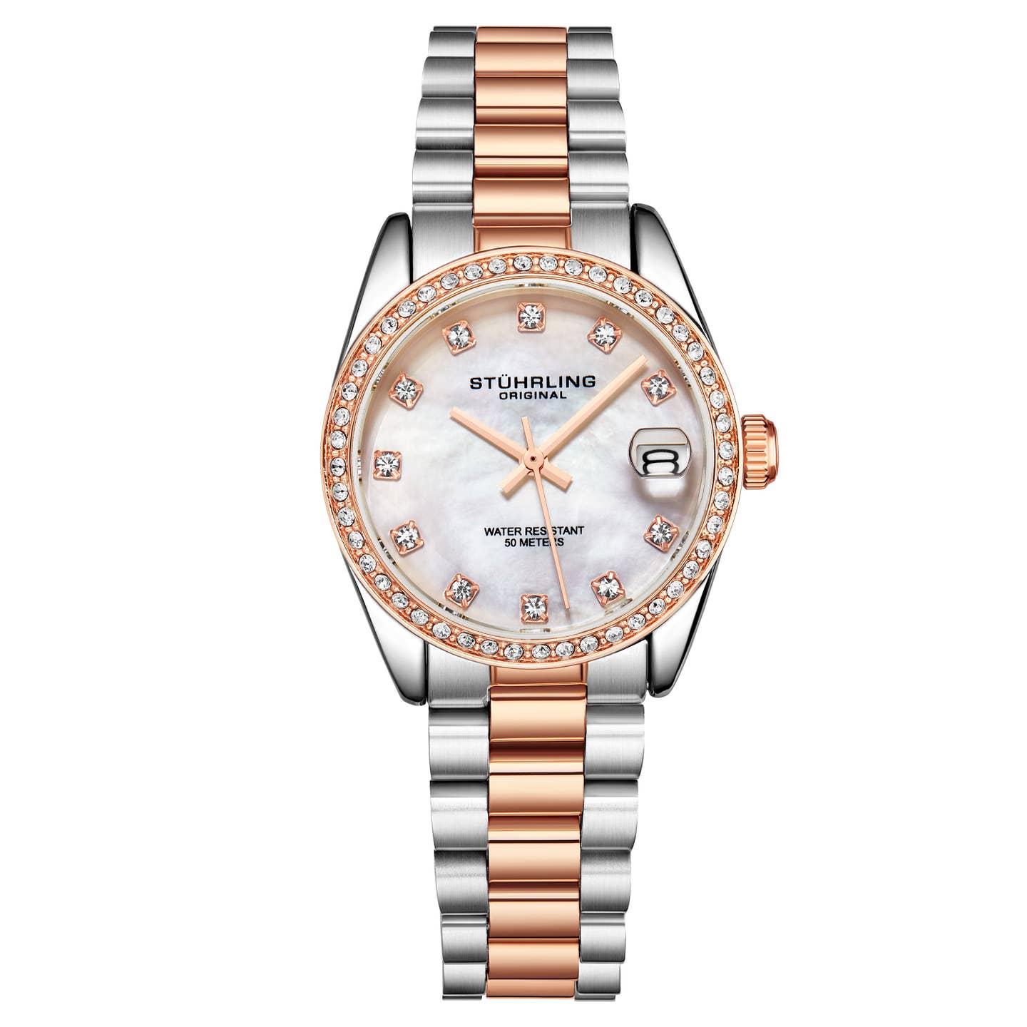Stuhrling Original Lineage Women's Quartz Watch, 31mm, Silver Mother-of-Pearl Dial, Two-Tone Rose Gold & Silver Bracelet, Crystal-Accented Bezel