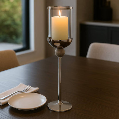 Candle Holder - Silver Metal Large Floor Hurricane, 29 in.