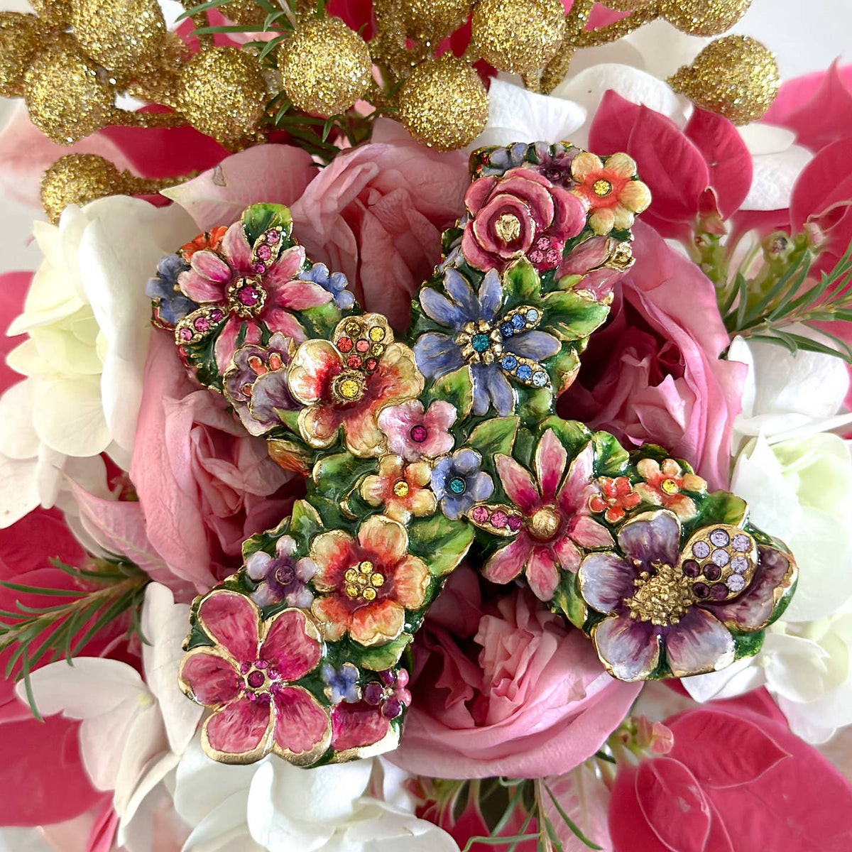 Jay Strongwater Daisy Floral Kisses Flower Crystal Enamel Gold-Finished Tabletop Object