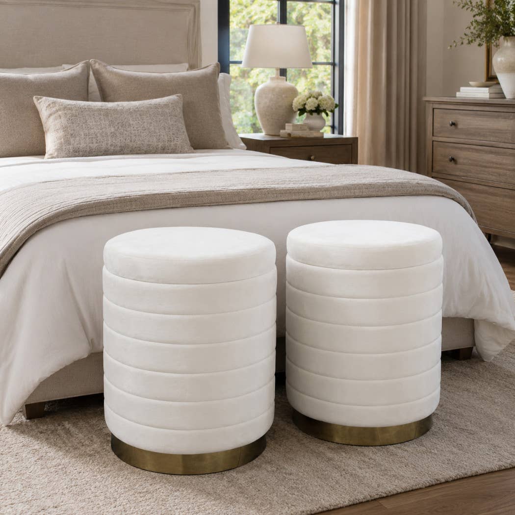Stool - Cream Velvet Upholstery Backless with Storage, 19 in