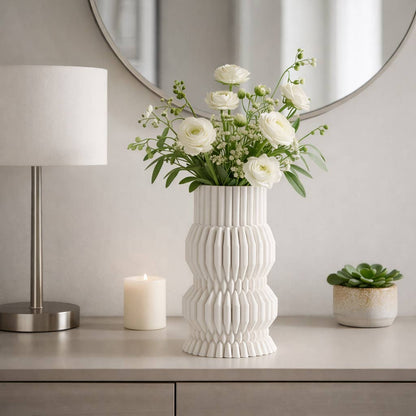Decorative Vase - White Ceramic 3D Printed Ribbed, 15 in.