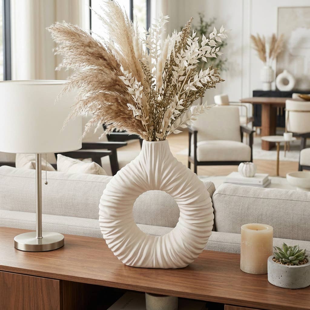Decorative Vase - Ivory Ceramic Donut-Shaped, 12 in.