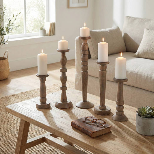 Candle Holder Set of 5 -  Brown Mango Wood, 10-22 in.