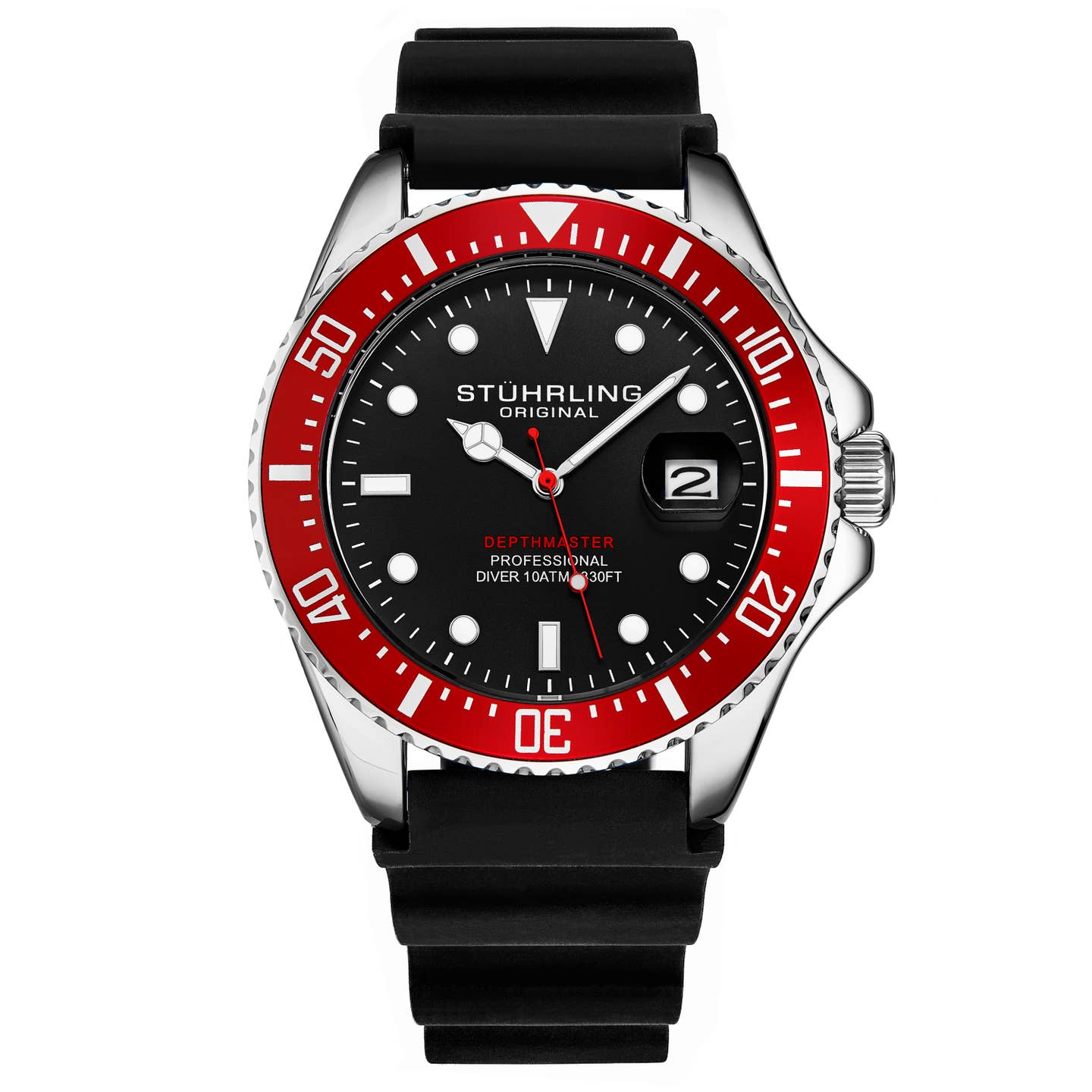 Stuhrling Original Depthmaster Men's Quartz Diver Watch, 42mm, Black Dial, Black Rubber Strap