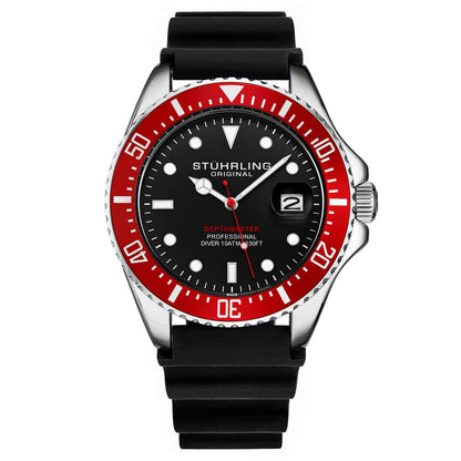 Stuhrling Original Depthmaster Men's Quartz Diver Watch, 42mm, Black Dial, Black Rubber Strap