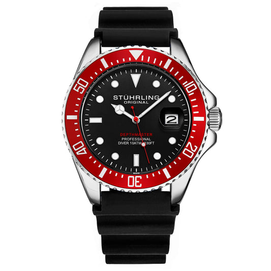 Stuhrling Original Depthmaster Men's Quartz Diver Watch, 42mm, Black Dial, Black Rubber Strap