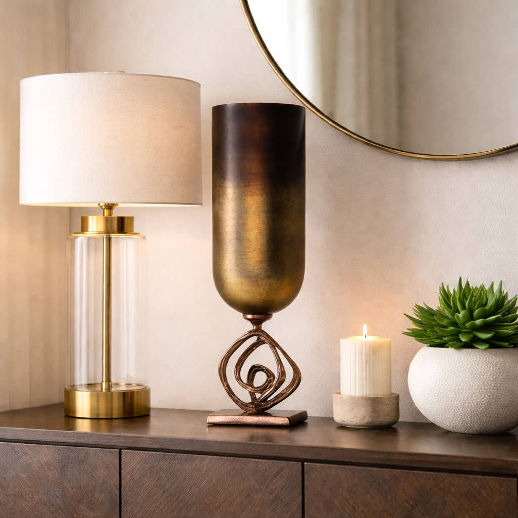 Decorative Vase - Bronze Glass Urn with Metal Stand, 24 in.
