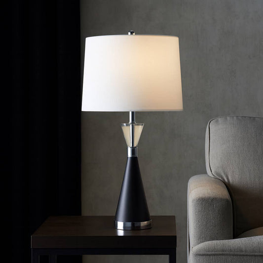 Table Lamp - Black Glass Metal Base with White Shade, 26 in.