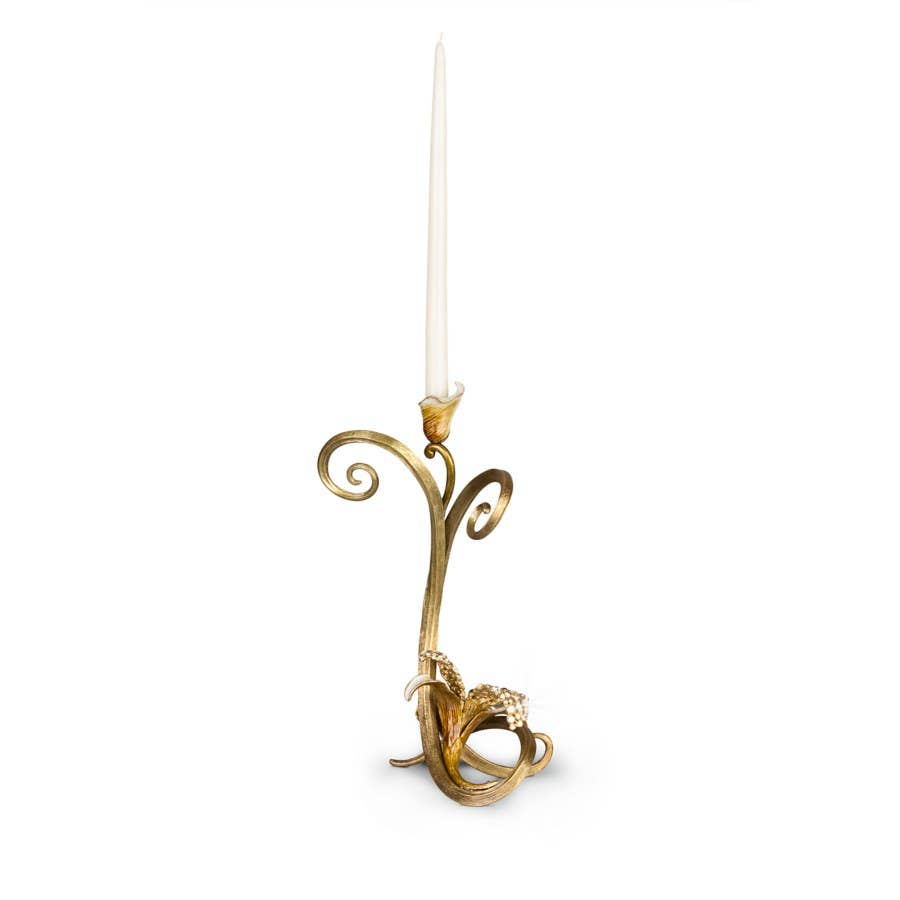 Jay Strongwater Mirabelle Orchid Golden Candlestick Holder, Leaf Swarovski Crystal Enamel Gold-Finished