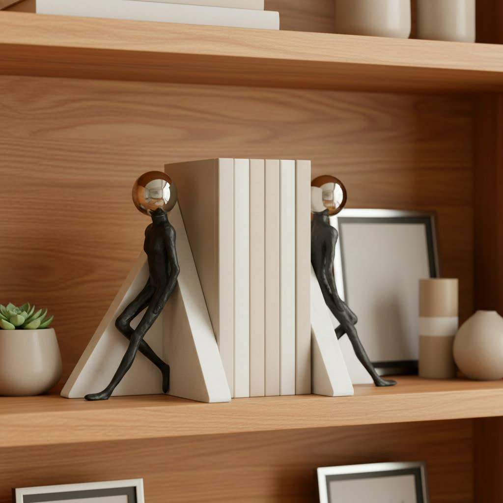 Bookends Set of 2 - Black Resin Figure with Sphere, 11 in.