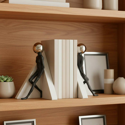 Bookends Set of 2 - Black Resin Figure with Sphere, 11 in.
