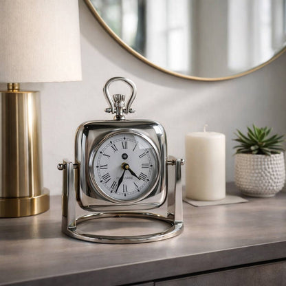 Table Clock - Silver Metal Accent with Glass Face, 9 in.