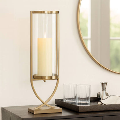 Candle Holder - Gold Metal Glass Cylindrical Pillar, 27 in.