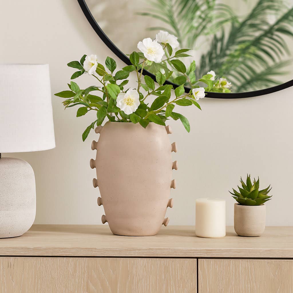Decorative Vase - Ivory Ceramic Side Detailing, 15 in.