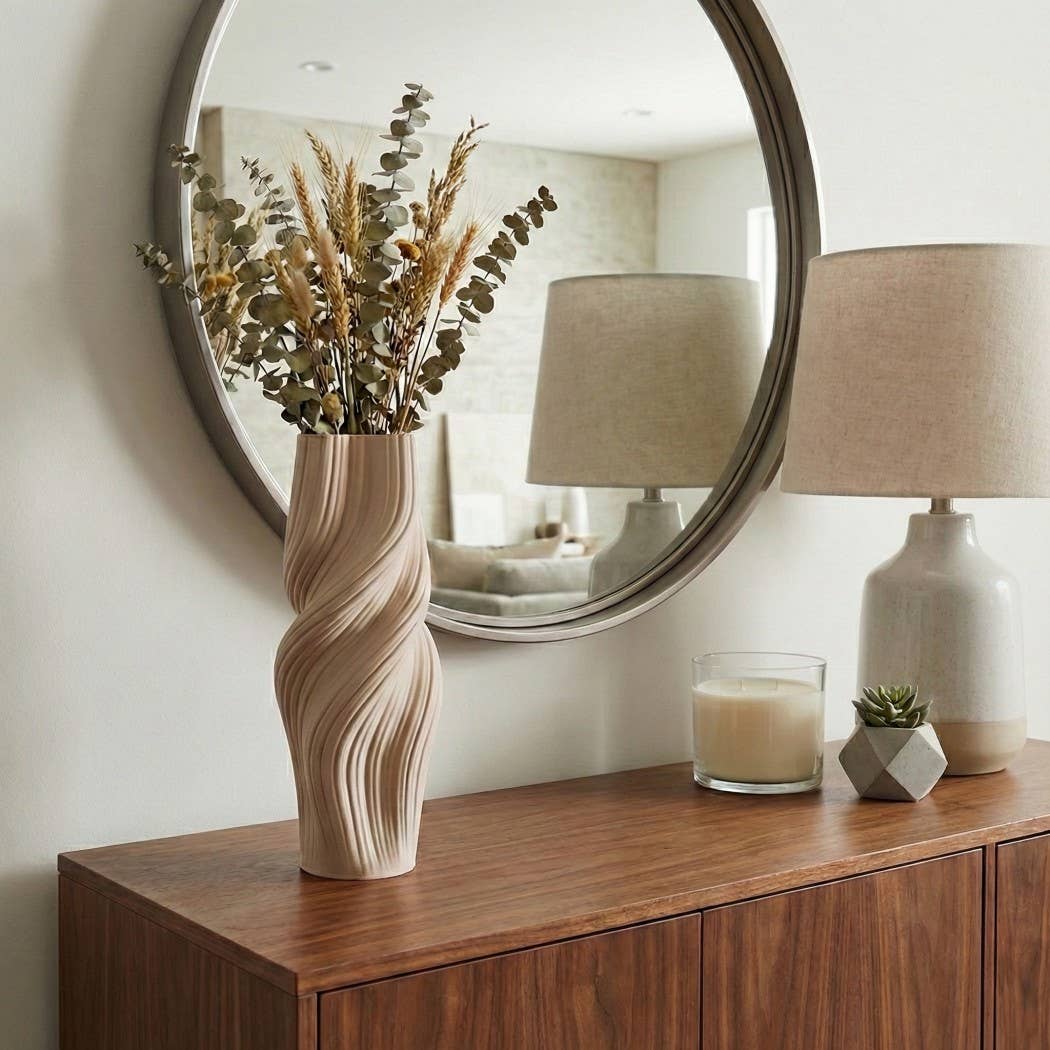 Decorative Vase - Tan Ceramic 3D Printed Twisted, 14 in.