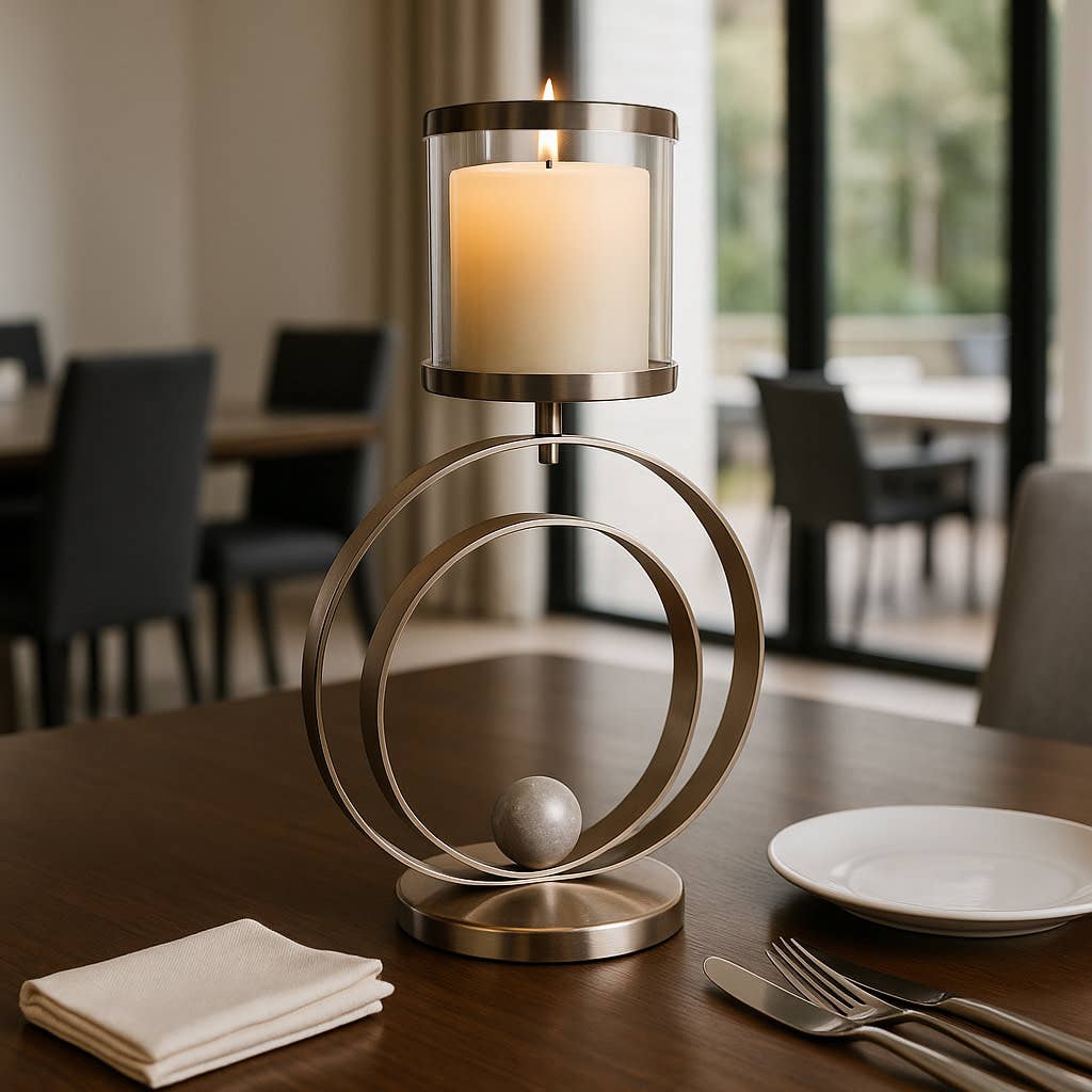 Candle Holder - Bronze Metal Small Sphere Hurricane, 26 in.