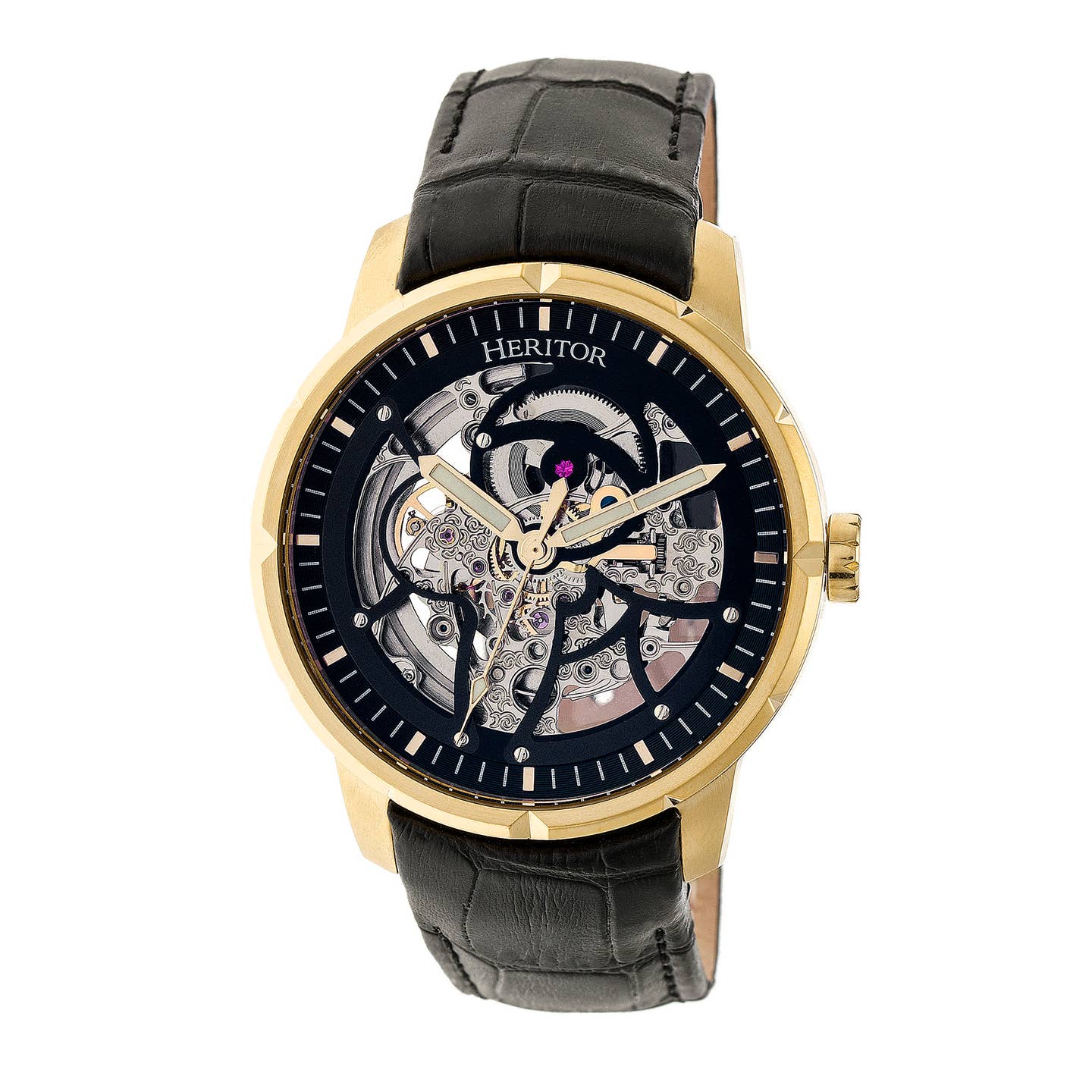 Heritor Ryder Men's Automatic Skeleton Leather Watch, Gold/Black