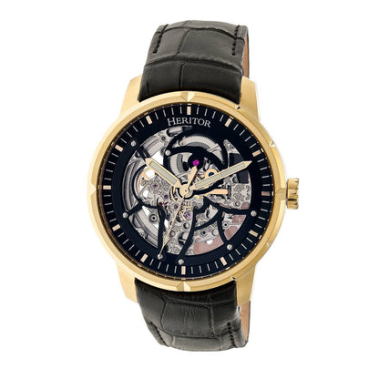 Heritor Ryder Men's Automatic Skeleton Leather Watch, Gold/Black