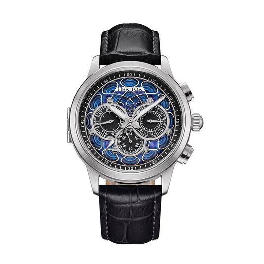 Heritor Apostle Leather Band Men's Automatic Day-Date Leather Watch, Black/Blue