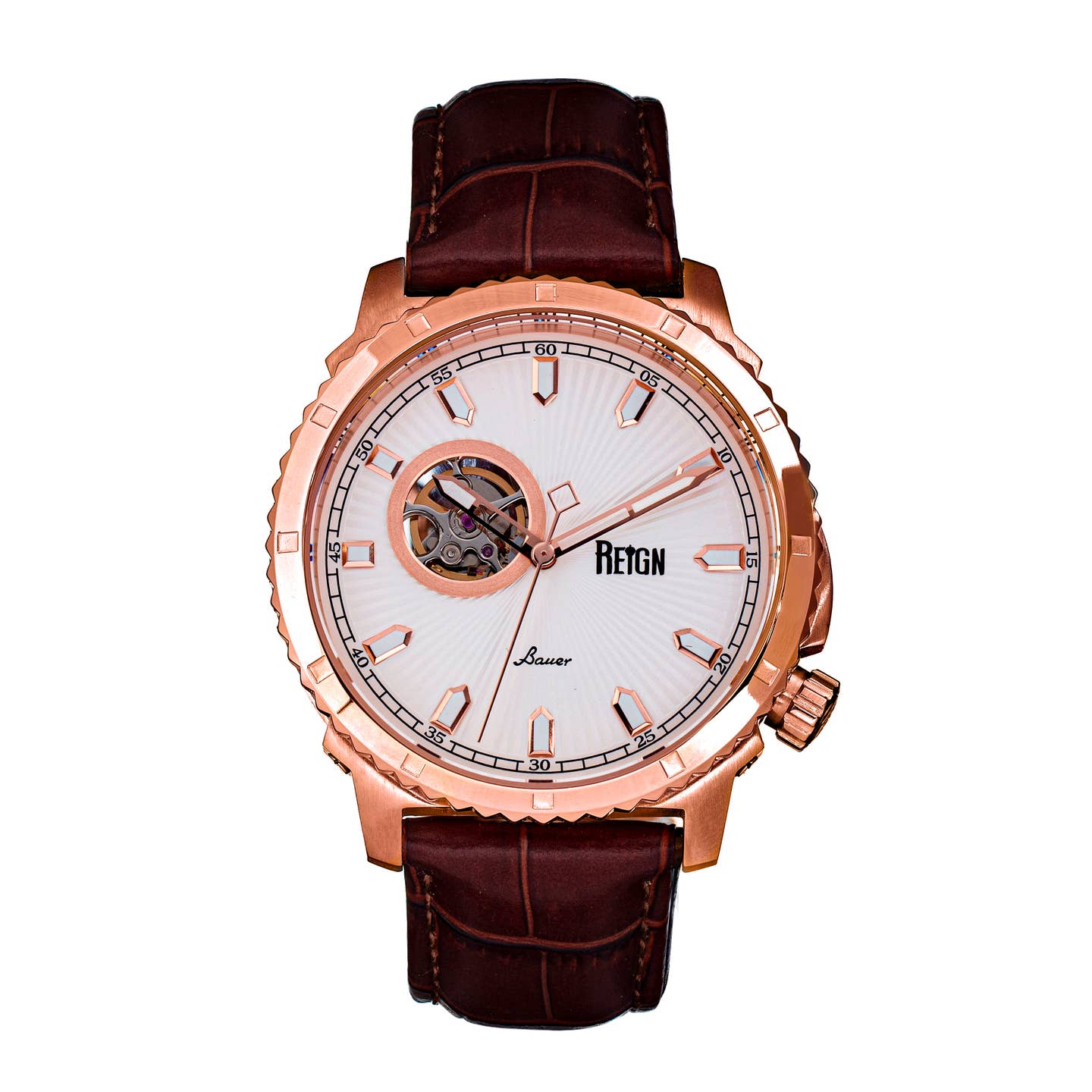 Reign Bauer Men's Automatic Semi-Skeleton Leather Watch