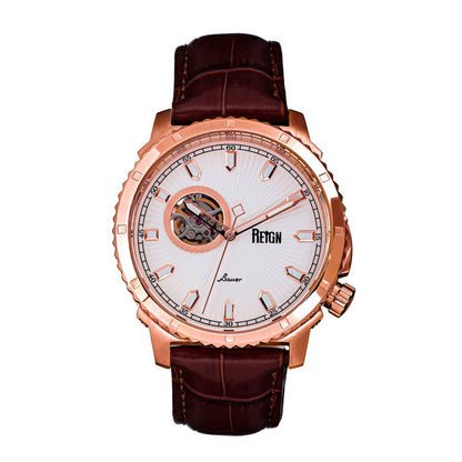 Reign Bauer Men's Automatic Semi-Skeleton Leather Watch