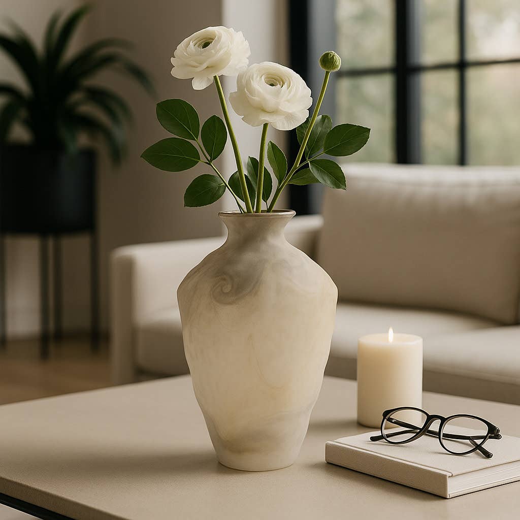Decorative Vase - Ivory Glass Unique Swirl Pattern, 15 in.