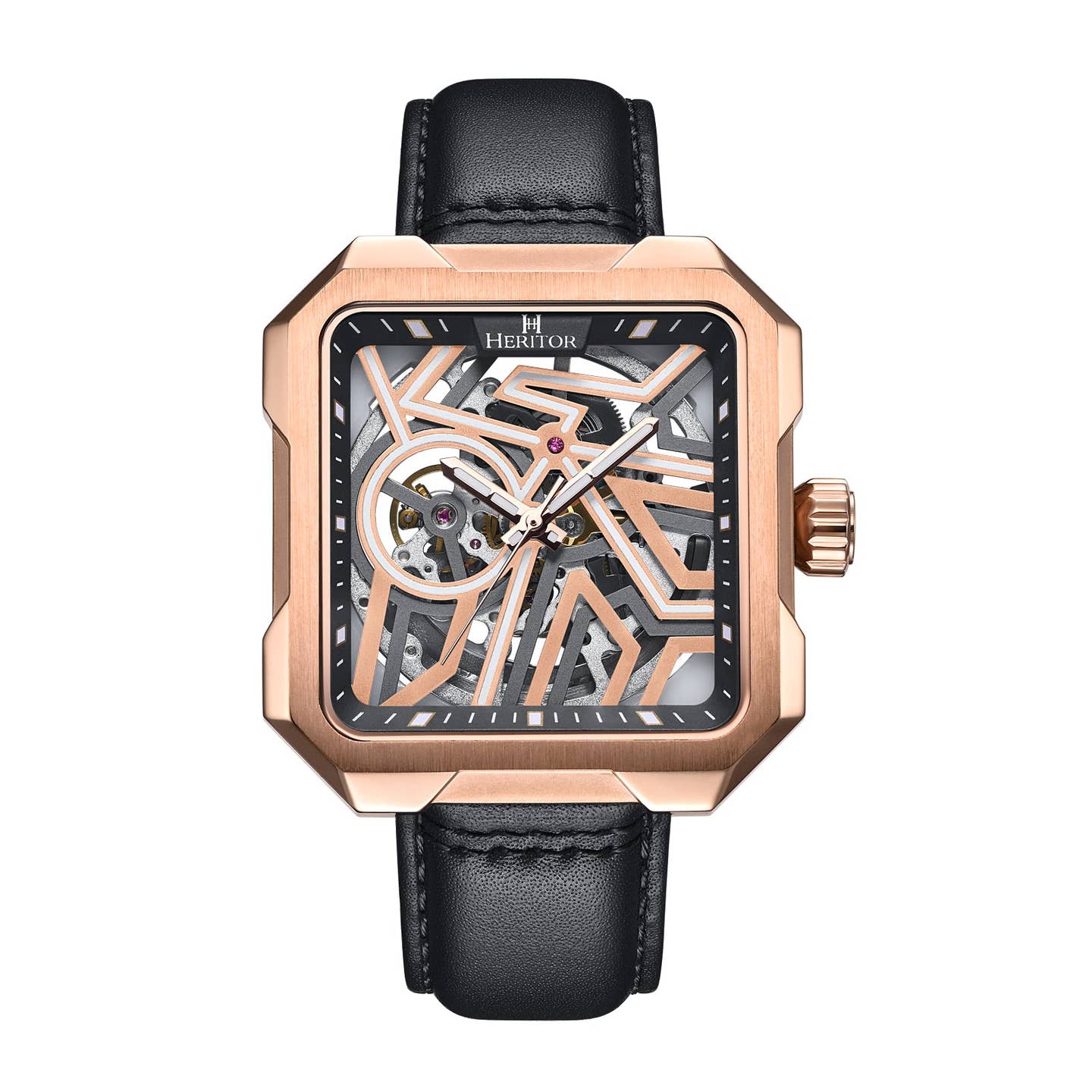 Heritor Campbell Men's Automatic Skeleton Leather Watch, Rose Gold/Black