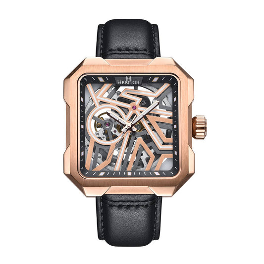 Heritor Campbell Men's Automatic Skeleton Leather Watch, Rose Gold/Black